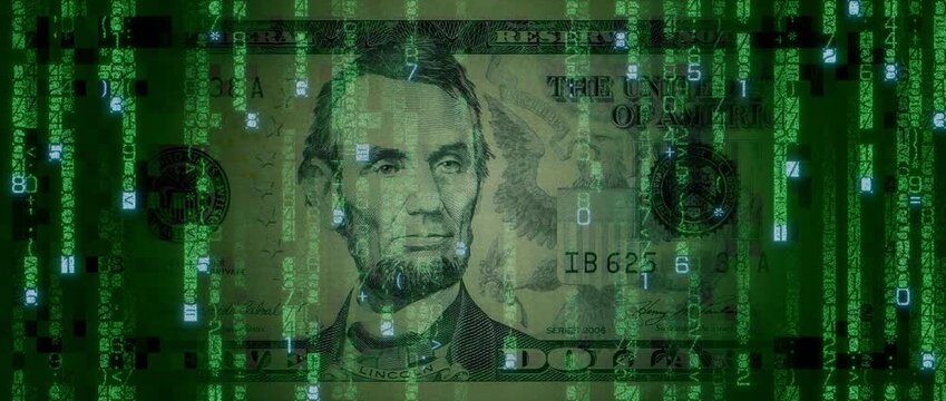Electronic Cash Concept with Five Dollar Bill made up of Animated Code. Blockchain Banking Wallpaper.