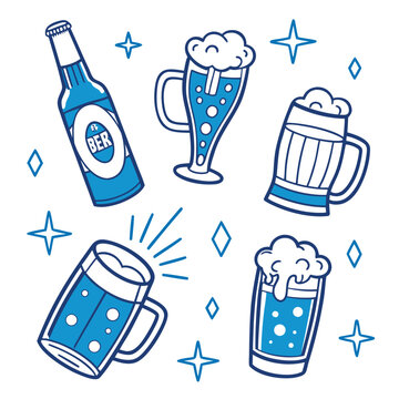 Blue beer bottle and mugs with foam illustration