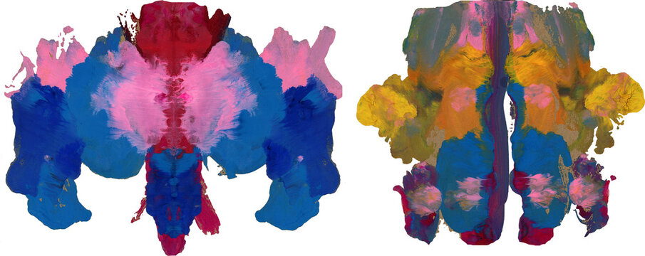 Abstract blots painted by kid on transparent background. Rorschach inkblot test concept. Colorful watercolor texture, manual drawing, artistic paint splash for creative design project.