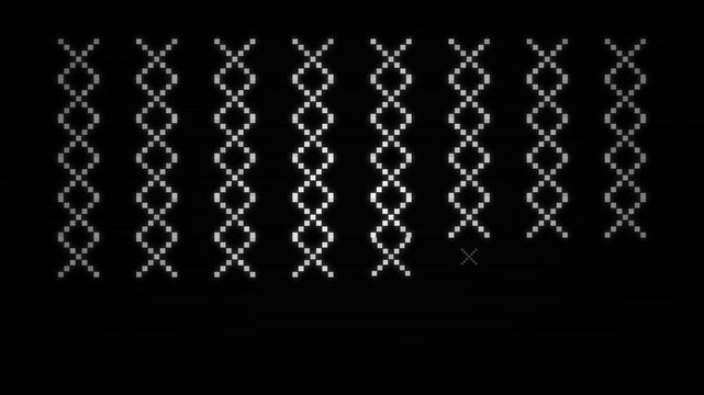 Pixel art stylized DNA helix pattern animation on dark background genetics