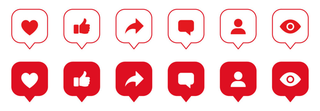  Social media notification bubble icon collection featuring heart, like, share, comment, profile, and view symbols for apps, UI, web, mobile.