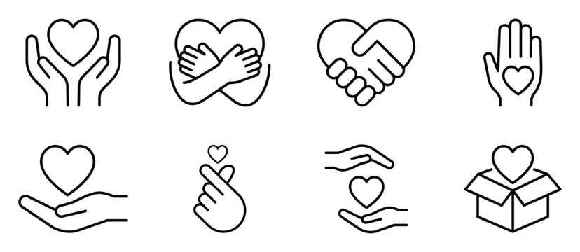 hand gesture icon collection featuring love, care, support, donation, kindness, charity, helping hands, handshake, and heart symbols for healthcare, nonprofit, volunteering, and social campaigns..