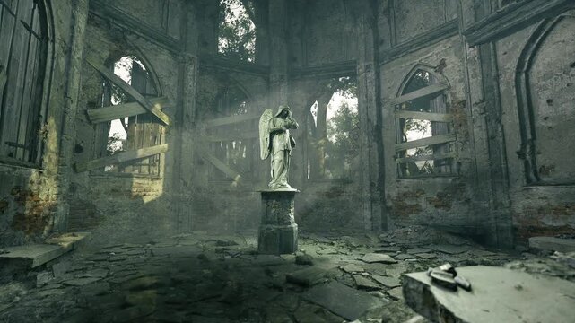 Cracked stone apse surrounding lone statue, light through shattered windows, toppled columns, scattered rubble, echoing silence and sacred decay creating