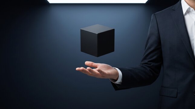Businessman holding a levitating black cube