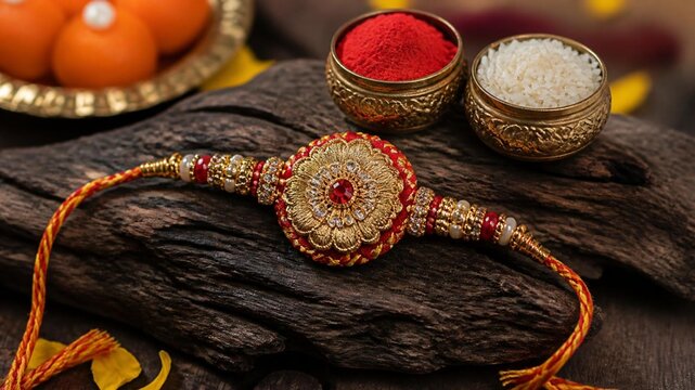 Ornate rakhi thread for raksha bandhan celebration on rustic wood