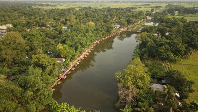 Aerial View of a Long Line of Fishing Stalls