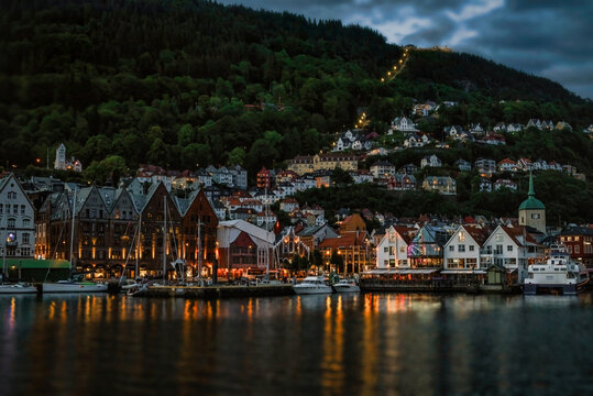 Bergen waterfront and Bryggen illuminated at dusk