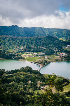 Bridge separating two crater lakes in Azores