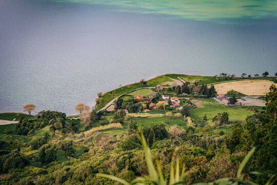 High angle view of a small lakeside village