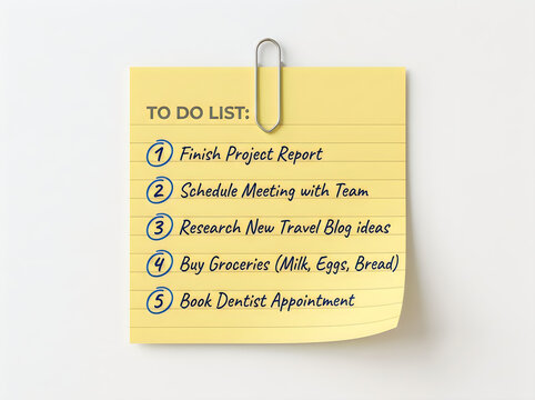 Yellow sticky note with to do list. Paper memo with handwritten tasks for daily planning.