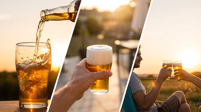 Friends Toasting Fresh Cold Beer Glasses at Golden Hour Sunset