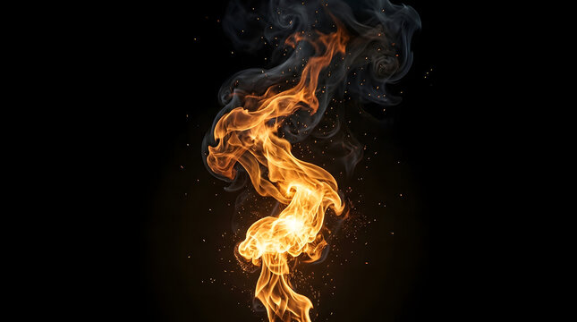 Dynamic orange flame with swirling smoke on black background. Fiery blaze creating intense heat and dramatic motion effect.