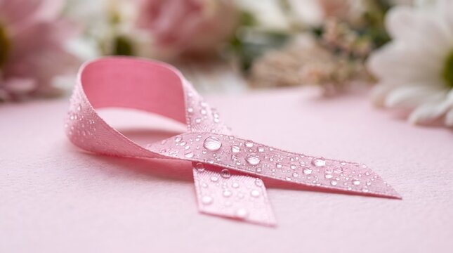 A beautiful pink ribbon decorated with sparkling rhinestones lying on a soft pastel background representing breast cancer awareness month