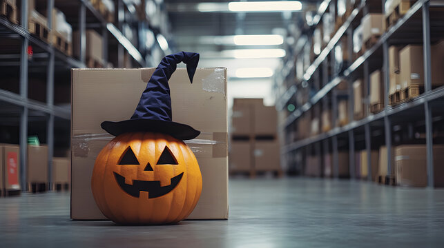 A Halloween pumpkin wearing a witch's hat next to a parcel box against a backdrop of racks of packages in a warehouse