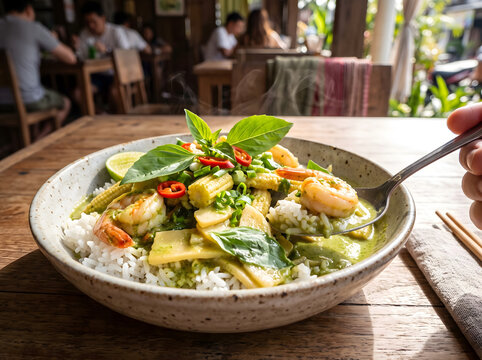 Creamy Thai Green Curry Bowl with Shrimp Jasmine Rice and Fresh Basil