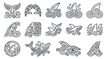 Tribal whale tail and ocean wave icons collection. © jack
