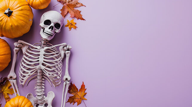 Skeleton around pumpkins and autumn leaves on purple floor with copyspace