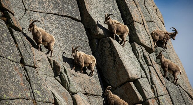 Wild mountain goats climbing the steep rocky face of a massive cliff