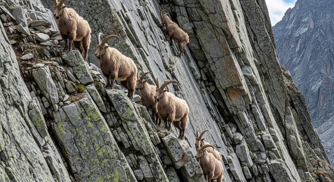 Wild mountain goats climbing the steep rocky face of a massive cliff