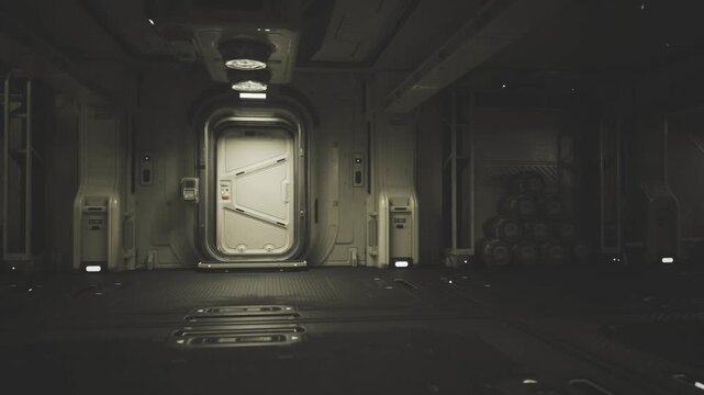 Secured corridor with locked hatch and keypad control, caution signage and access lights, atmosphere of restricted zone and procedural safety checks.