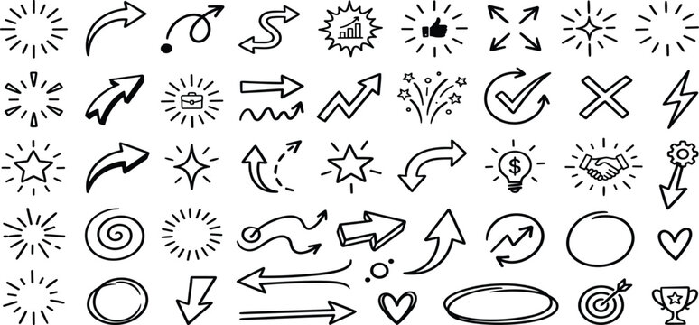 Crayon drawn attention symbols and doodle emphasis marks collection. Hand drawn sparkle bursts, comic rays, sketch highlight signs, manga starburst shapes and vector illustration