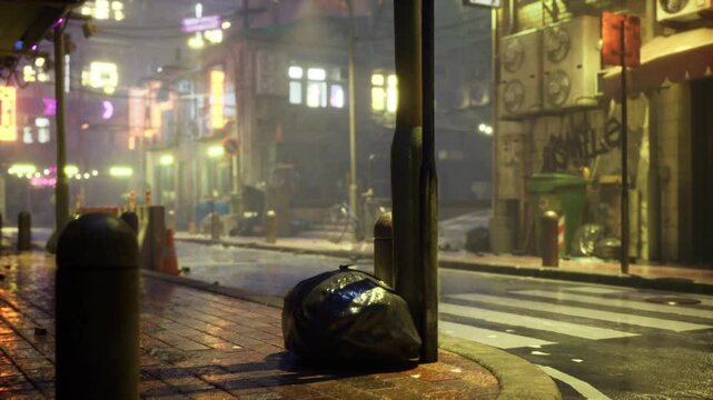 Trash bag on wet curb, closeup of glistening plastic beside puddle and textured sidewalk, scattered signage and dim lamppost glow, atmosphere of neglect