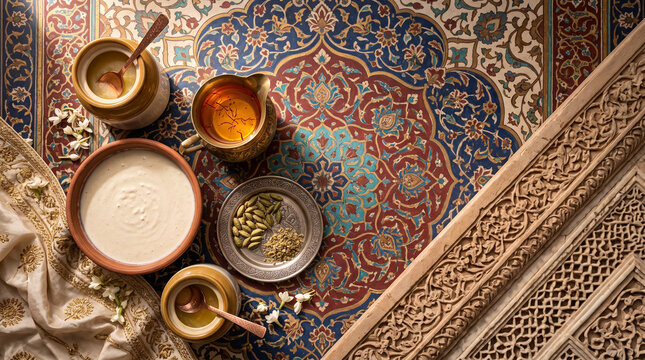 Cinematic top down view of Pakistani Jalebi sweet ingredients on fresco pattern