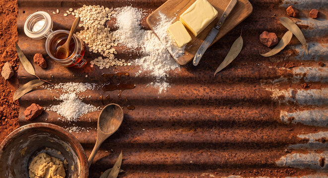 Cinematic overhead lay of Australian Anzac Biscuit ingredients on red dirt and rust