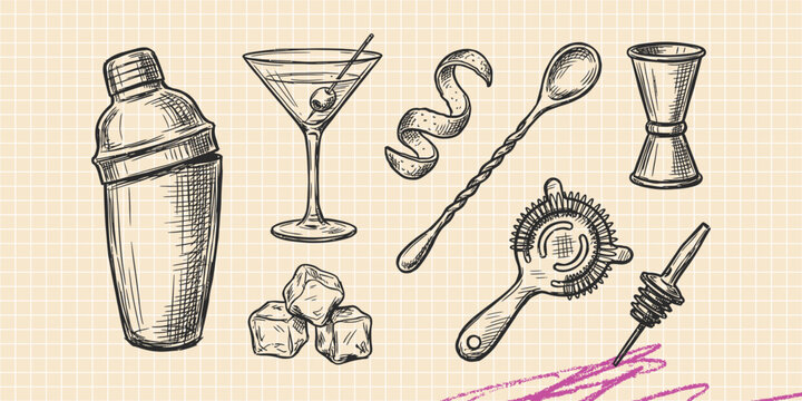Hand drawn vintage black ink scribble doodle vector set of kitchenware pot pan and home cooking icons for creative graphic design
