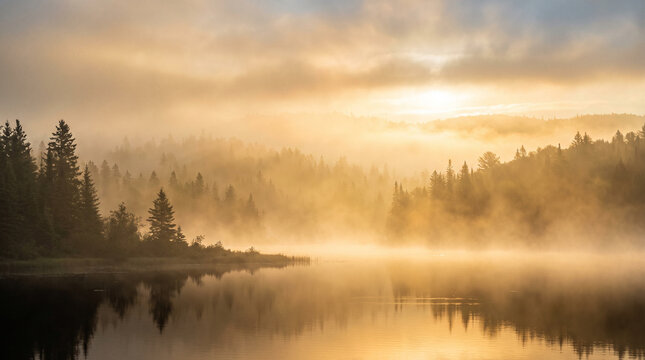 Sunlit mist over calm pine forest lake.