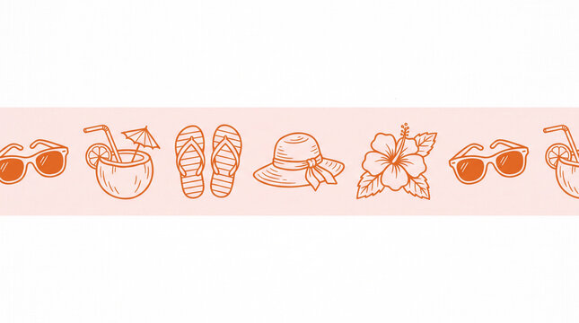 Summer vacation accessories horizontal border with coconut drink, flip flops and hibiscus.