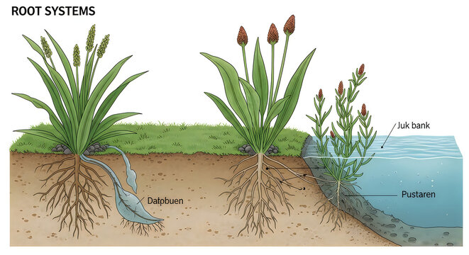 Root Systems Illustration Showing Different Types of Plant Roots Including Fibrous, Taproot, and Adventitious with Soil Layers Labeled