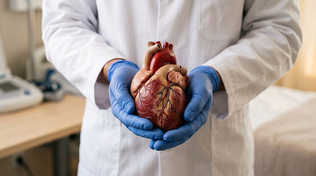 Surgeon holding real human heart anatomical model in blue gloved hands.