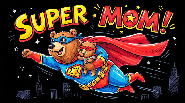 Super Mom bear superhero flying over city with baby bear.