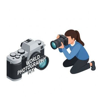 Isometric Female Photographer Holding Camera for World Photography Day