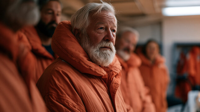 Coast guard veterans in warm uniform jackets cluster inside a staffroom under fluorescent lighting, watching a silver-haired senior colleague demonstrate the controls of an