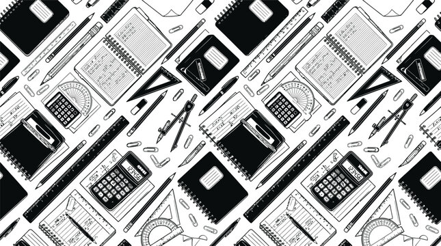 Black and white seamless pattern of school and office supplies featuring notebooks, calculators, geometry tools, pencils, and rulers arranged in a sophisticated diagonal composition.