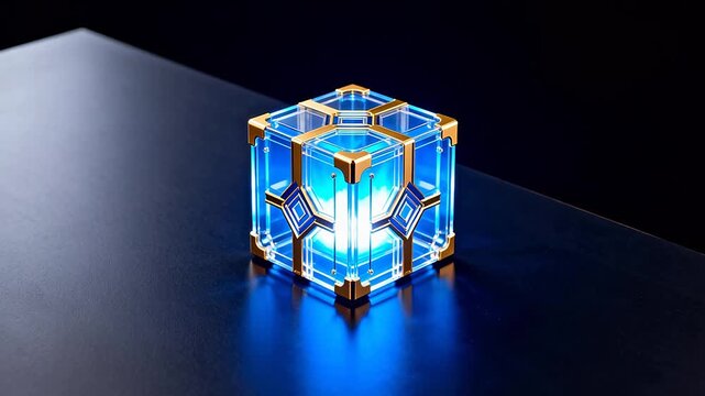 Glowing blue cube with golden frame
