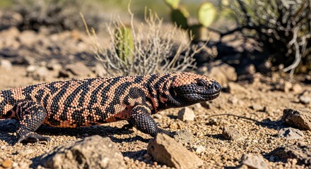 Obraz premium Zebra Tailed Lizard Resting on Dry Desert Terrain With Sparse Vegetation