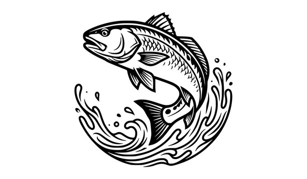 Jumping Red Drum Fish Logo Vector for Fishing Brand