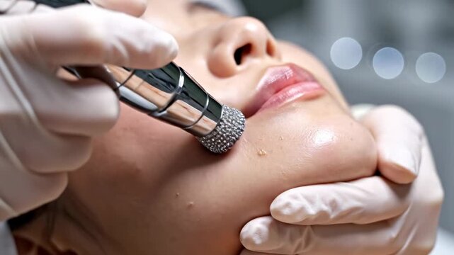A professional aesthetician performs a rejuvenating microdermabrasion procedure on a woman to revitalize skin texture while promoting natural radiance during a luxurious afternoon spa therapy