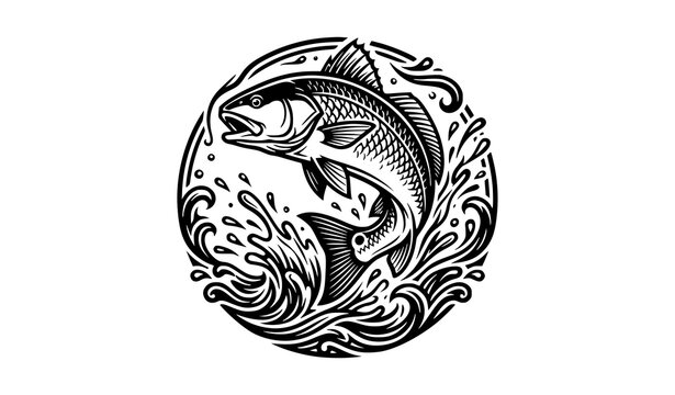 Redfish Sport Fishing Emblem Jumping Fish Vector Illustration