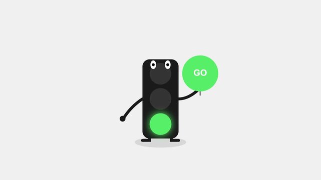 Funny cartoon traffic light character holding stop sign safety signal road