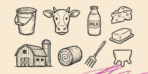 Obraz premium Hand drawn vintage black ink scribble doodle vector set of farm barn tractor and agriculture harvest icons for creative graphic design