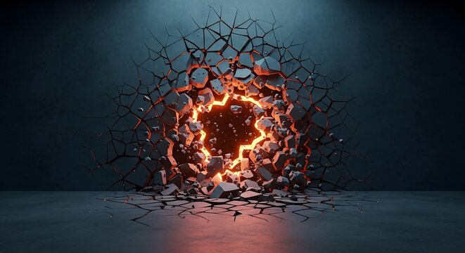 Exploding concrete wall with glowing orange energy core background
