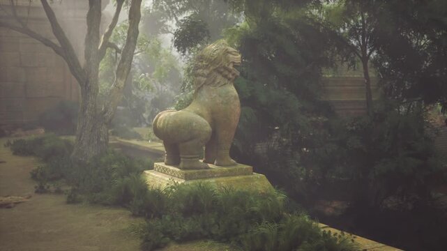 Moss covered stone lion statues misty overgrown temple ruins, guardian sculptures flanking mossy pathway, dappled sunlight filtering through dense canopy,