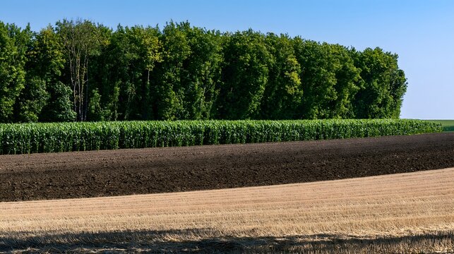Ackerfl&auml;chen in verschiedenen Bearbeitungsstufen vor einem gr&uuml;nen Maisfeld