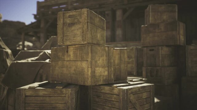 Dusty wooden crates stacked in warehouse under low sepia light, pallets and labeled boxes, cobwebs and worn rope, cinematic industrial decay, textured wood