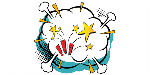 Comic book explosion cloud sticker with blank space and colorful stars isolated on black background © Hosinah