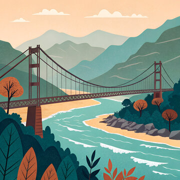  Rishikesh suspension bridge over river, premium vector illustration, colorful limited palette, mountain backdrop